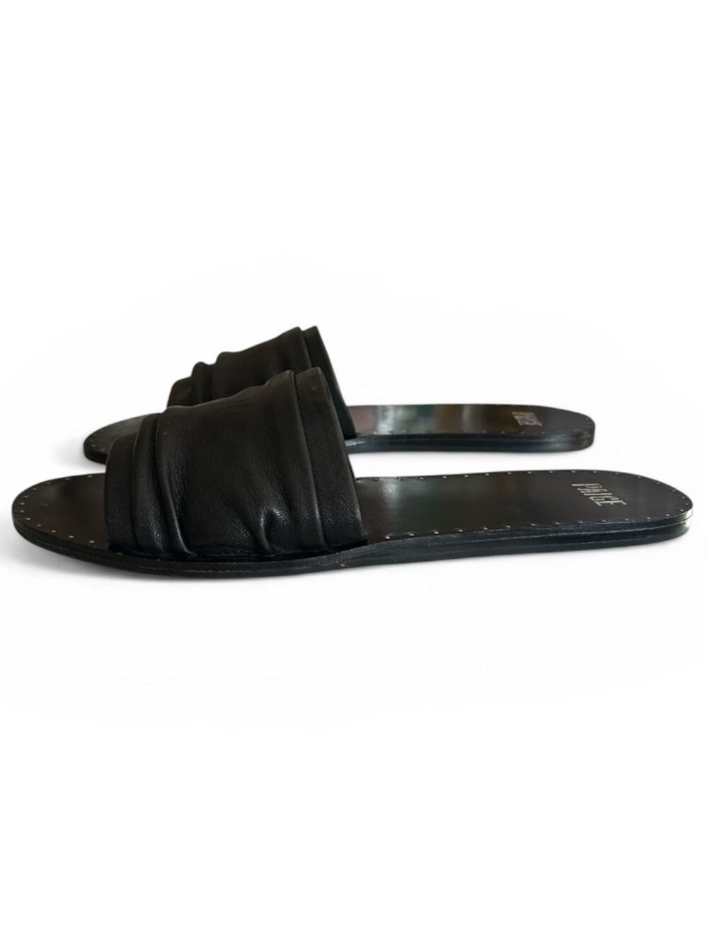PAIGE Emilia Black Leather Slide Sandals with Ruched Strap Studded Detail Sz 10 - Picture 3 of 7